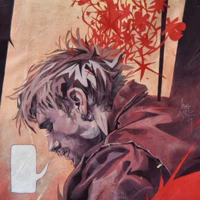 Pintura original de Jazzy Dope en rojos y tonos carne, con el rostro deshecho por trazos gestuales. Obra "ADIÓS".