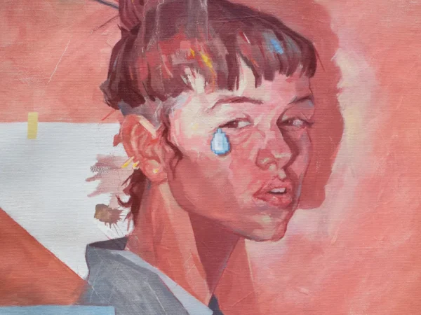Retrato pintado por Jazzy Dope en tonos rojos y carne, con la figura diluyéndose en la mancha. Obra "Ella quería vivir, no tener una vida".