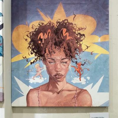 Pintura original de Jazzy Dope, rostro resuelto con trazo suelto en rojos y grises. Obra "Es fácil de entender si te ha pasado".