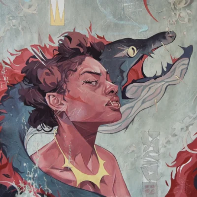 Pintura original de Jazzy Dope, rostro asomado a una zona de sombra entre rojos y negros. Obra "Me asomo a lo oscuro".