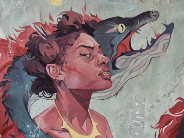 Pintura original de Jazzy Dope, rostro asomado a una zona de sombra entre rojos y negros. Obra "Me asomo a lo oscuro".