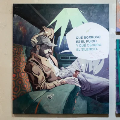 Pintura original de Jazzy Dope, figura desdibujada entre rojos y sombras. Obra "Qué borroso es el ruido y qué oscuro el silencio".
