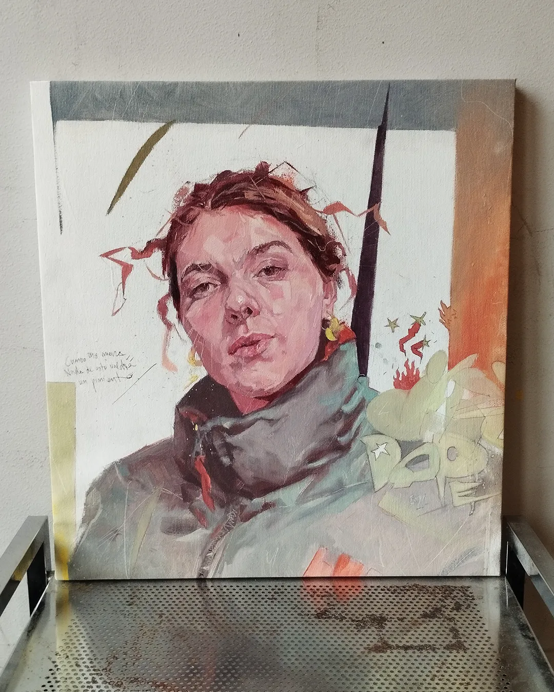cuando me muera nada de esto valdrá un pimiento Pintura figurativa de Jazzy Dope, rostro fragmentado entre rojos y ocres. Obra "Cuando me muera nada de esto valdrá un pimiento".